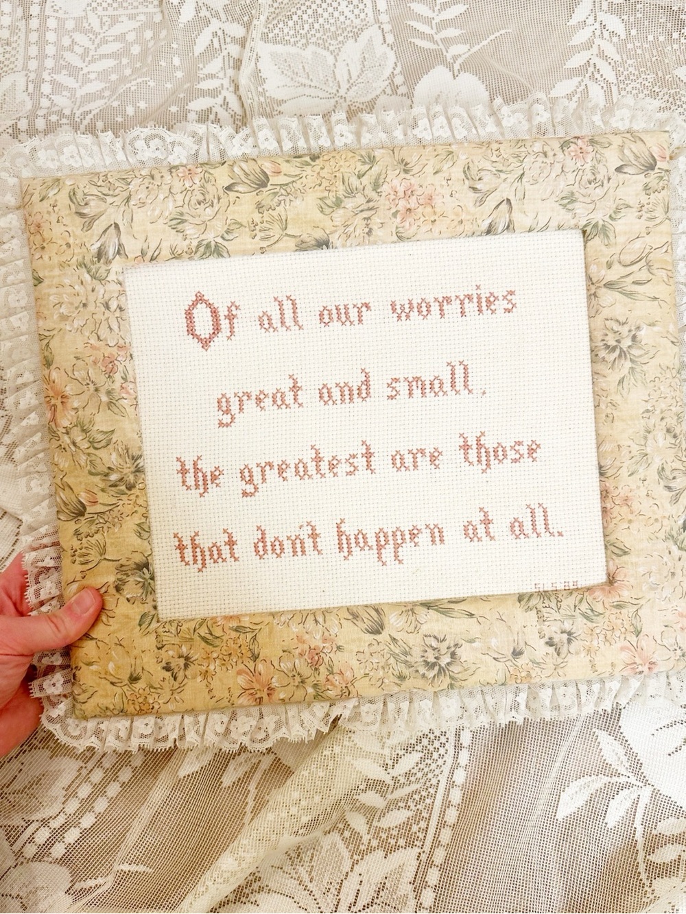 Framed Floral Cross-Stitch Quote in Soft Cream and Pink Lace Trimmed Frame